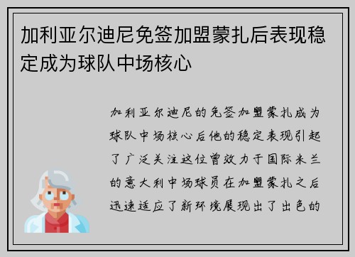 加利亚尔迪尼免签加盟蒙扎后表现稳定成为球队中场核心